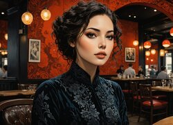 Dziewczyna, Czarna, Sukienka, Restauracja, Grafika