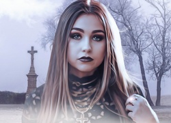 Dziewczyna w gotyckim makijażu na tle kapliczki i drzew w grafice fractalius