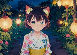 Dziewczyna, Uszy, Kimono, Lampiony, Liście, Anime