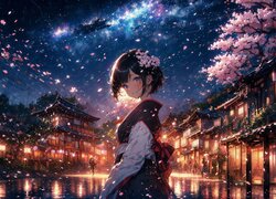 Dziewczyna w kimono i płatki wiśni w anime
