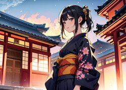 Dziewczyna w kimono obok pagody w anime