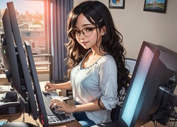 Dziewczyna, Okulary, Komputer, Grafika