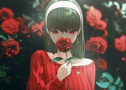 Dziewczyna w opasce we włosach i w czerwonym swetrze z różą w anime