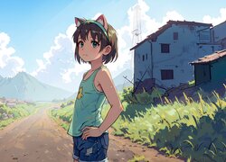 Dziewczyna w szortach na drodze w anime