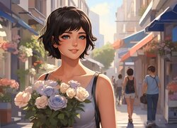 Dziewczyna z bukietem róż na ulicy w grafice