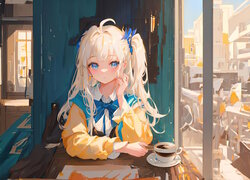 Dziewczyna z kawą przy oknie w anime