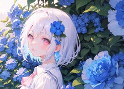 Dziewczyna, Spojrzenie, Niebieskie, Kwiaty, Anime