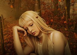Dziewczyna, Drzewa, Las, Liście, Paintography