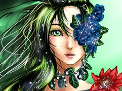 Zielonowłosa, Kobieta, Kwiaty, Liście