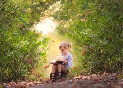 Dziewczynka czytająca książkę na drodze pośród krzewów