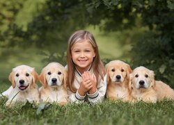 Dziewczynka i cztery szczeniaki na trawie