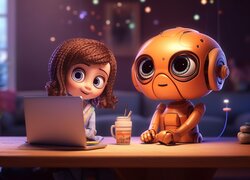 Dziewczynka i robot przy laptopie
