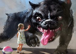Dziecko, Dziewczynka, Zły, Pies, Piłka, Digital Art