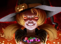 Dziewczynka jako czarownica z cukierkami