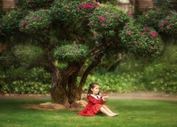 Dziewczynka pod kwitnącym drzewem