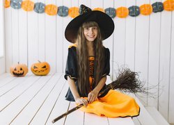 Dziewczynka, Dynie, Miotła, Halloween