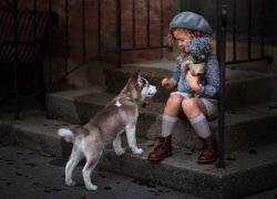 Dziewczynka w berecie z kwiatkami i mały siberian husky