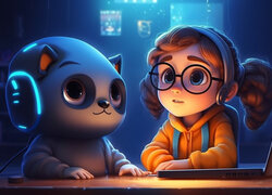 Dziewczynka w okularach i kot robot przed laptopem