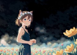 Dziewczyna, Uszy, Kwiaty, Chmury, Anime, Uśmiech
