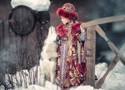 Dziewczynka, Strój, Książęcy, Czapka, Pies, Siberian husky, Zima