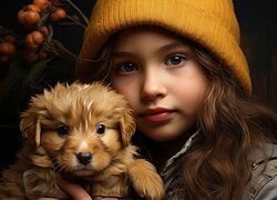 Dziewczynka w wełnianej czapce ze szczeniakiem na rękach