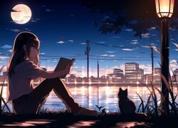 Anime, Wieczór, Dziewczyna, Kot, Miasto, Panorama, Światło