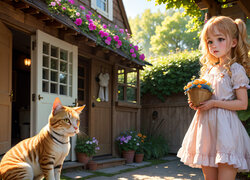 Dziewczynka z kotem przed domem