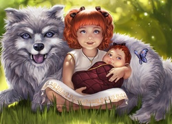 Dziewczynka z niemowlakiem oparta o psa w grafice 2D