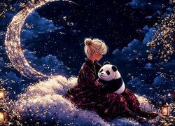 Noc, Dziewczyna, Panda wielka, Księżyc, Lampiony, Gwiazdy, Fantasy