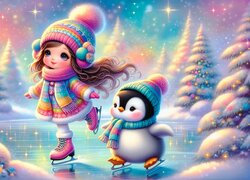 Dziewczynka z pingwinem na lodowisku