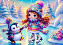Dziewczynka z pingwinkiem na lodowisku