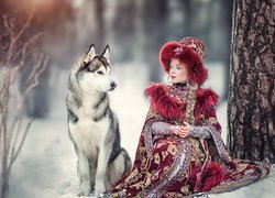 Pies, Dziewczynka, Zima, Drzewo, Siberian husky