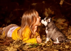 Dziewczynka ze szczeniaczkiem na dywanie jesiennych liści
