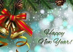 Dzwoneczki z kokardą w dekoracji z życzeniami na Nowy Rok