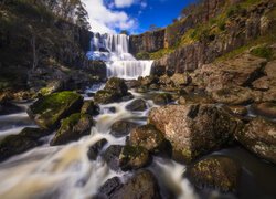 Australia, Nowa Południowa Walia, Park Narodowy Guy Fawkes River, Wodospad, Ebor Falls, Kaskada, Rzeka, Skała, Kamienie, Mech, Drzewa