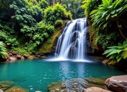 Egzotyczne rośliny i kamienie przy wodospadzie na skałach