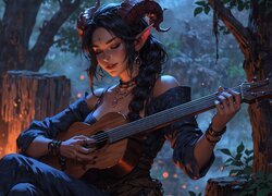 Grafika, Elfica, Dziewczyna, Gitara, Ognisko