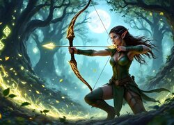 Fantasy, Strzała, Drzewa, Elfka, Wojowniczka, Łuk