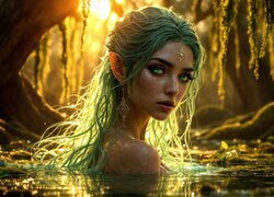 Dziewczyna, Elfka, Zielone, Włosy, Głowa, Woda, Drzewa, Fantasy