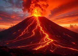 Erupcja wulkanu na tle zachodu słońca