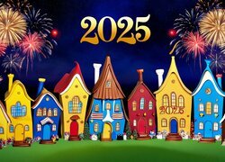 Grafika, Domy, Nowy Rok, 2025, Fajerwerki