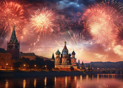 Nowy Rok, Niebo, Noc, Fajerwerki, Budynki, Miasto, Moskwa, Kreml, Cerkiew Wasyla Błogosławionego, Rzeka, Most, Rosja