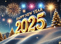 Nowy Rok, 2025, Napis, Fajerwerki, Choinki, Wzgórze, Śnieg