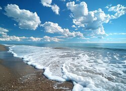 Morze, Fale, Brzeg, Kamienie, Niebo, Obłoki, Piasek, Plaża, Chmury, Woda