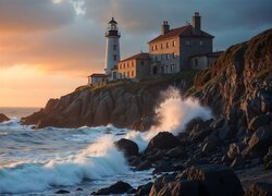 Fale na morzu i latarnia morska na skałach w blasku zachodzącego słońca