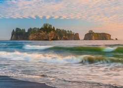 Fale przy brzegu morza na plaży Rialto Beach z widokiem na skały