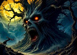 Fantasy, Drzewa, Wilkołak, Zachód słońca, Chmury