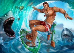 Gra, Paladins, Shore Patrol, Fernando, Morze, Fala, Mężczyzna, Rekiny