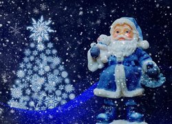 Figurka Mikołaja obok choinki z gwiazdek w padającym śniegu