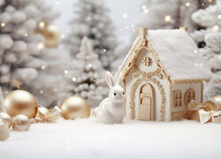 Figurka zająca obok bombek i domku na śniegu